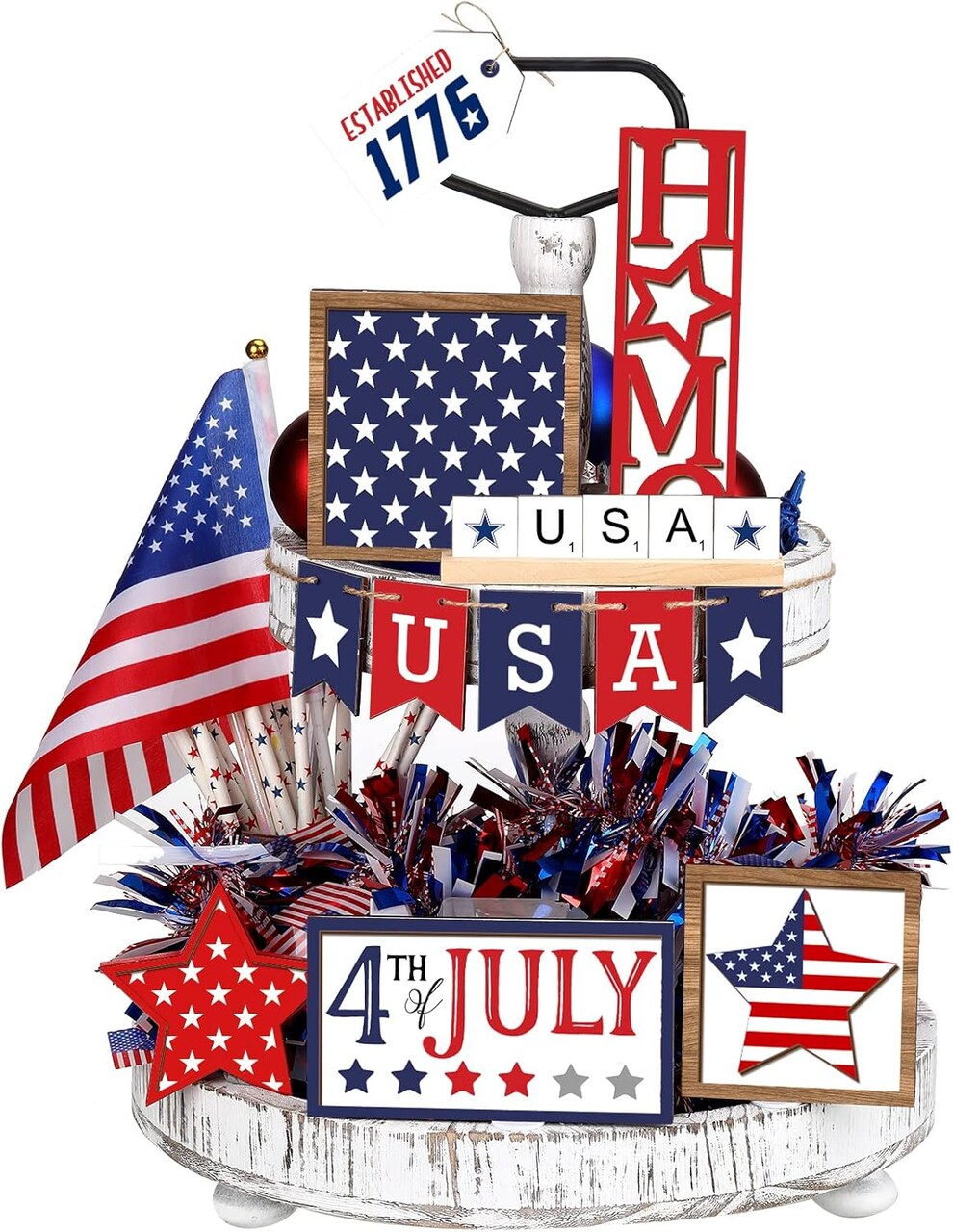 13 Pieces 4th of July Tiered Tray Decor Patriotic Table Decor Wood Signs